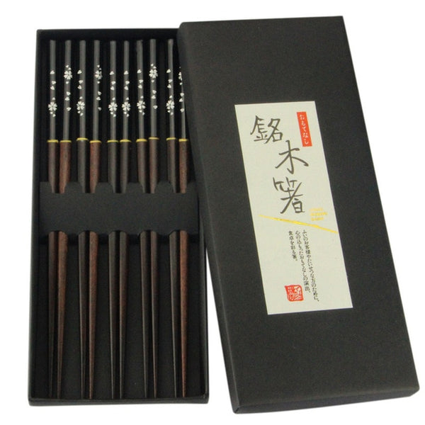 Chopsticks 5 pair Japanese Korean Food Wooden bamboo Red Black Handle Design Couple Reusable Chopstick Set Chop Stick with Case