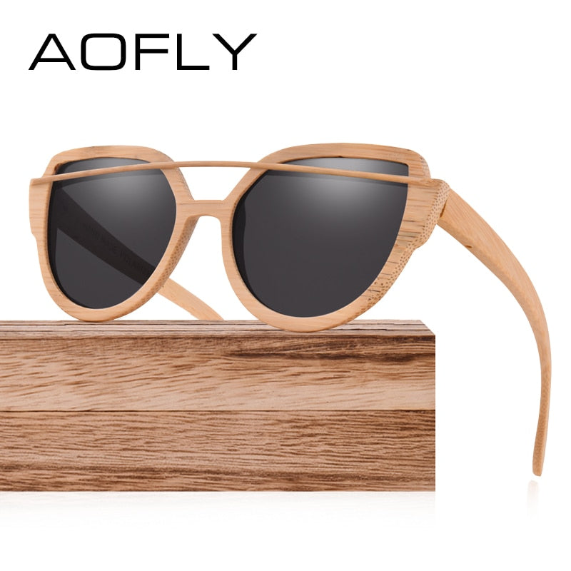 AOFLY Polarized Sun Glasses for Women Bamboo Sunglasses Handmade Bamboo Frame Classic Brand Designer Twin-Beams Goggles AF604