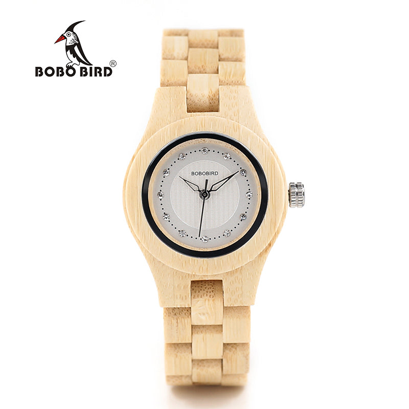 BOBO BIRD O10 Bamboo Women Watches Crystal Dial Ladies Quartz Dress Watch in Wooden Box