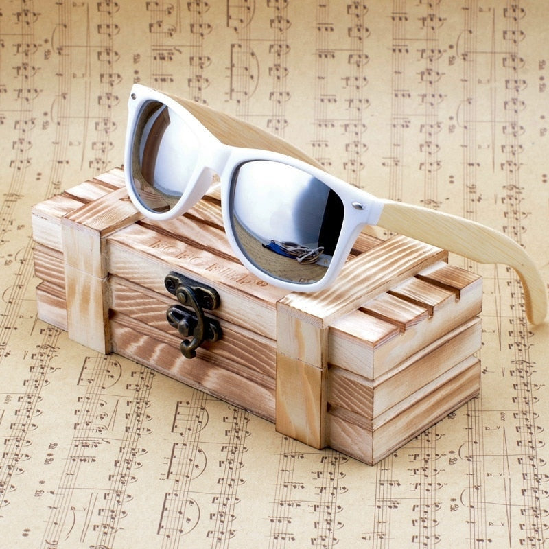 BOBO BIRD Womens Mens Bamboo Wooden Sunglasses White Frame  eyewear With Coating Mirrored UV 400 Protection Lenses in Wooden Box