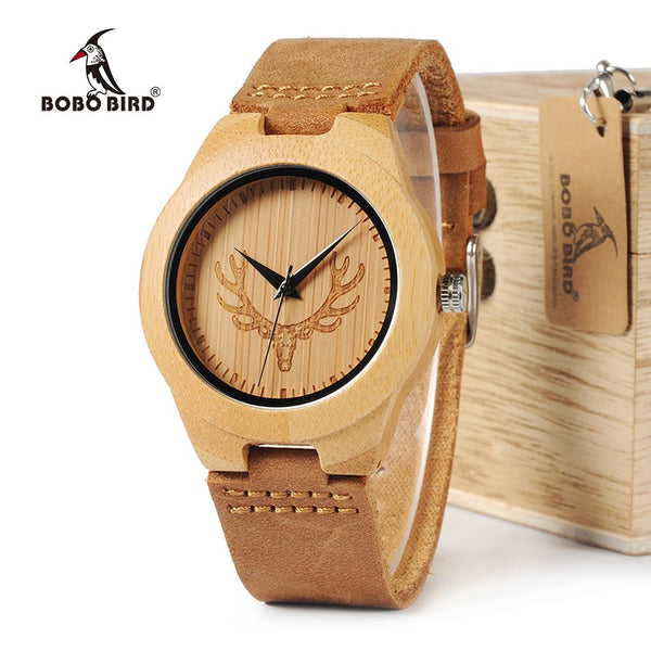 BOBO BIRD WM08 Mens Deer Head Design Buck Bamboo Wooden Watches Luxury Wood Watches With Soft Leather Strap for Men Women