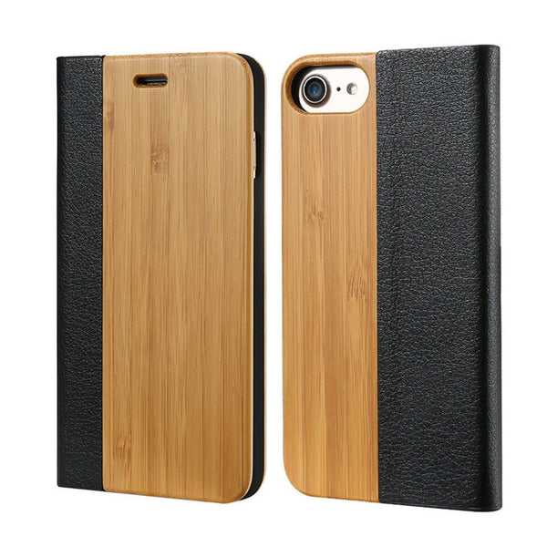 KISSCASE Bamboo Leather Flip Case For iPhone X 6 6S 7 8 Plus Natural Wood Protective Cases For Samsung Galaxy S7 S7 Edge Shells