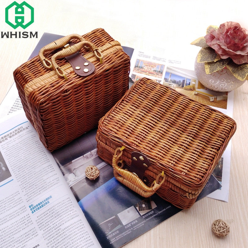 WHISM Travel Picnic Basket Handmade Wicker Storage Case Vintage Suitcase Props Box Weave Bamboo Boxes Outdoor Rattan Organizer