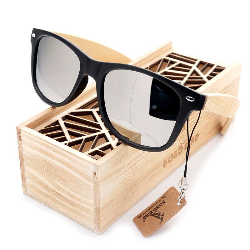 BOBO BIRD Men Summer Style Vintage Black Square Sunglasses Lady With Bamboo Mirrored Polarized Travel Eyewear in Wood Box BS23