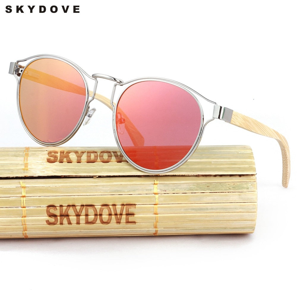 SKYDOVE Polarized Bamboo Sunglasses Women Round Alloy Oval Mirror Sunglasses Girls  Mirror Wood Sunglasses Polarized Kids