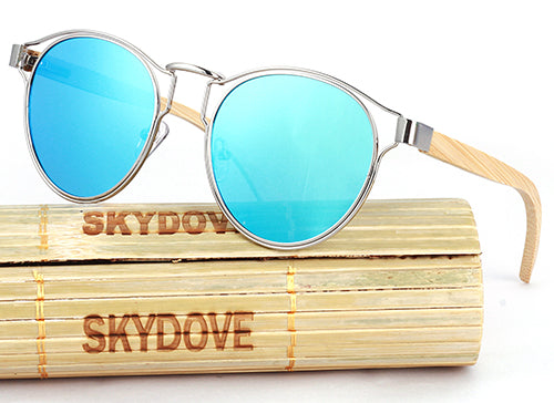 SKYDOVE Polarized Bamboo Sunglasses Women Round Alloy Oval Mirror Sunglasses Girls  Mirror Wood Sunglasses Polarized Kids