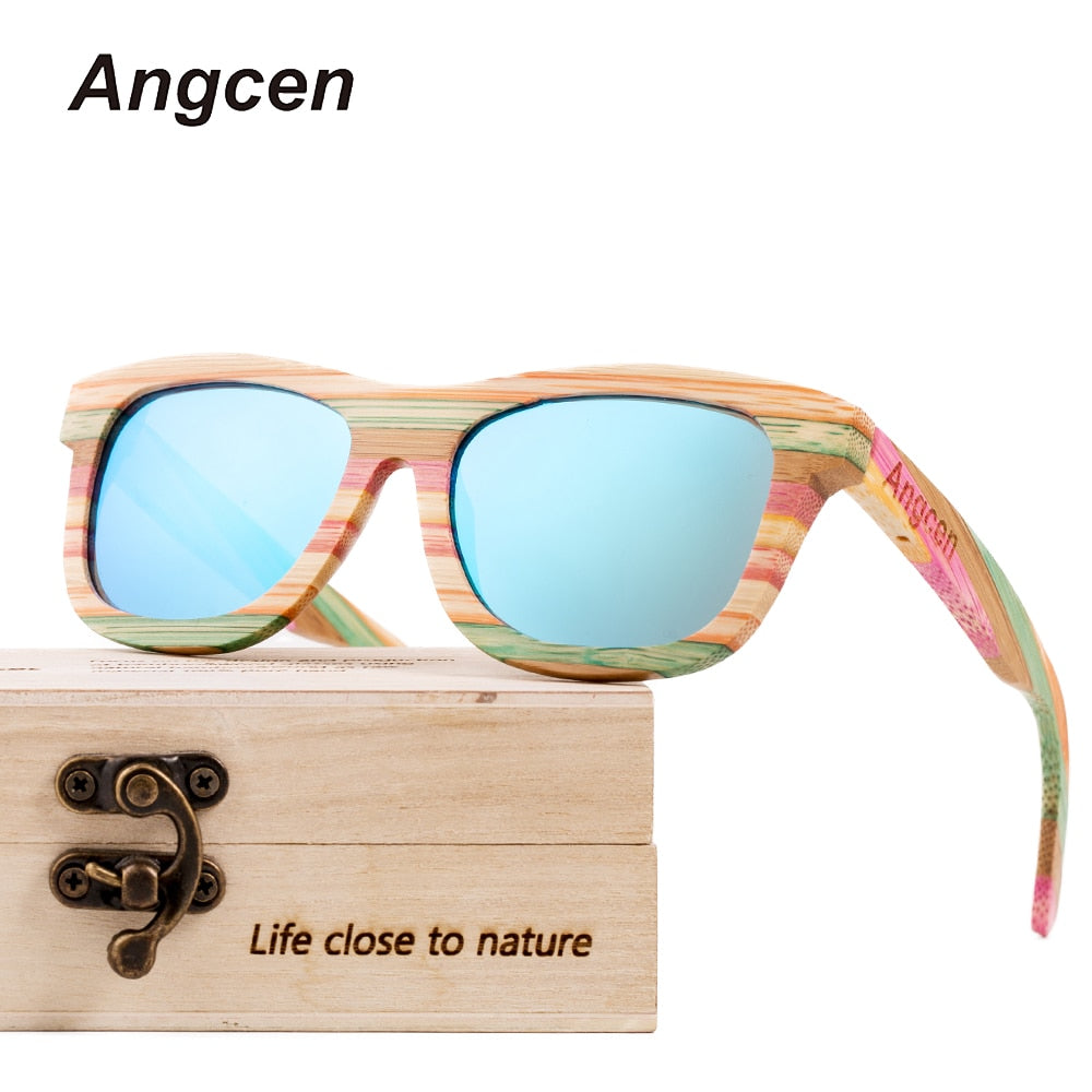 Angcen Vintage Wooden Sunglasses Women Brand Colorful Square Polarized Sun Glasses ladies Mirror Bamboo Sunglasses For Man CA03