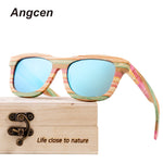 Angcen Vintage Wooden Sunglasses Women Brand Colorful Square Polarized Sun Glasses ladies Mirror Bamboo Sunglasses For Man CA03