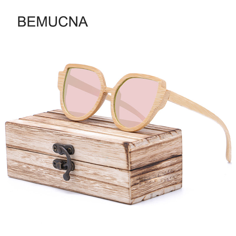 2018 New BEMUCNA Eyewear Women Cat eye Wood Sunglasses Vintage Metal Retro Women Mirror Shape lunettes de soleil femme zonnebril