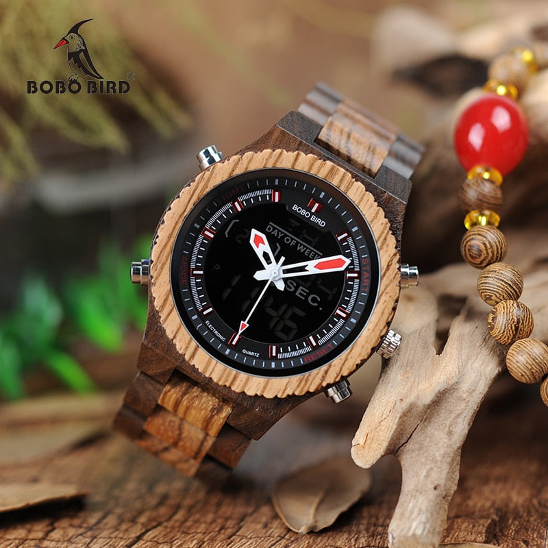 BOBO BIRD LED Digital Wood Case Watch Men Dual Display Quartz Watches Man Luxury relogio masculino in Bamboo Gift Box W-P02