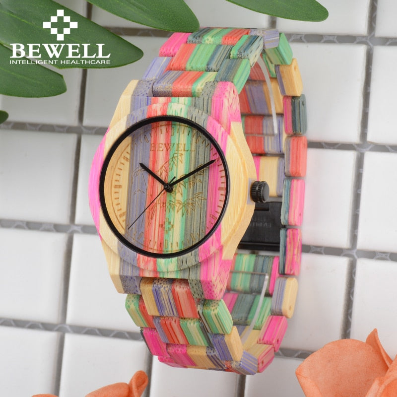 BEWELL 105DL Nature Handmade Colorful Bamboo Wood Watch Women Analog Quartz Fashion WristWatch with Mix Colors Free Shipping